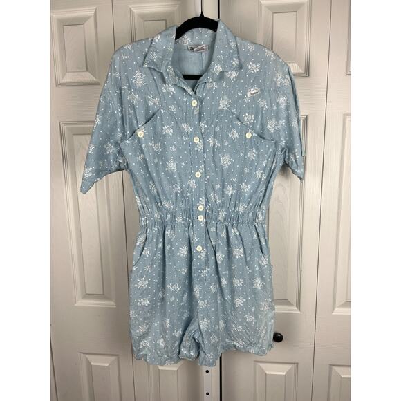 VTG 90s Dreams Floral Romper Elastic Waist Button Chambray Cottagecore Petite LG - Picture 9 of 9